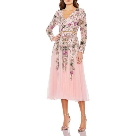 NEW Mac Duggal 5594 Size 22 Rose Pink Floral Beaded Sequin Midi Gown Party Dress - Picture 2 of 4